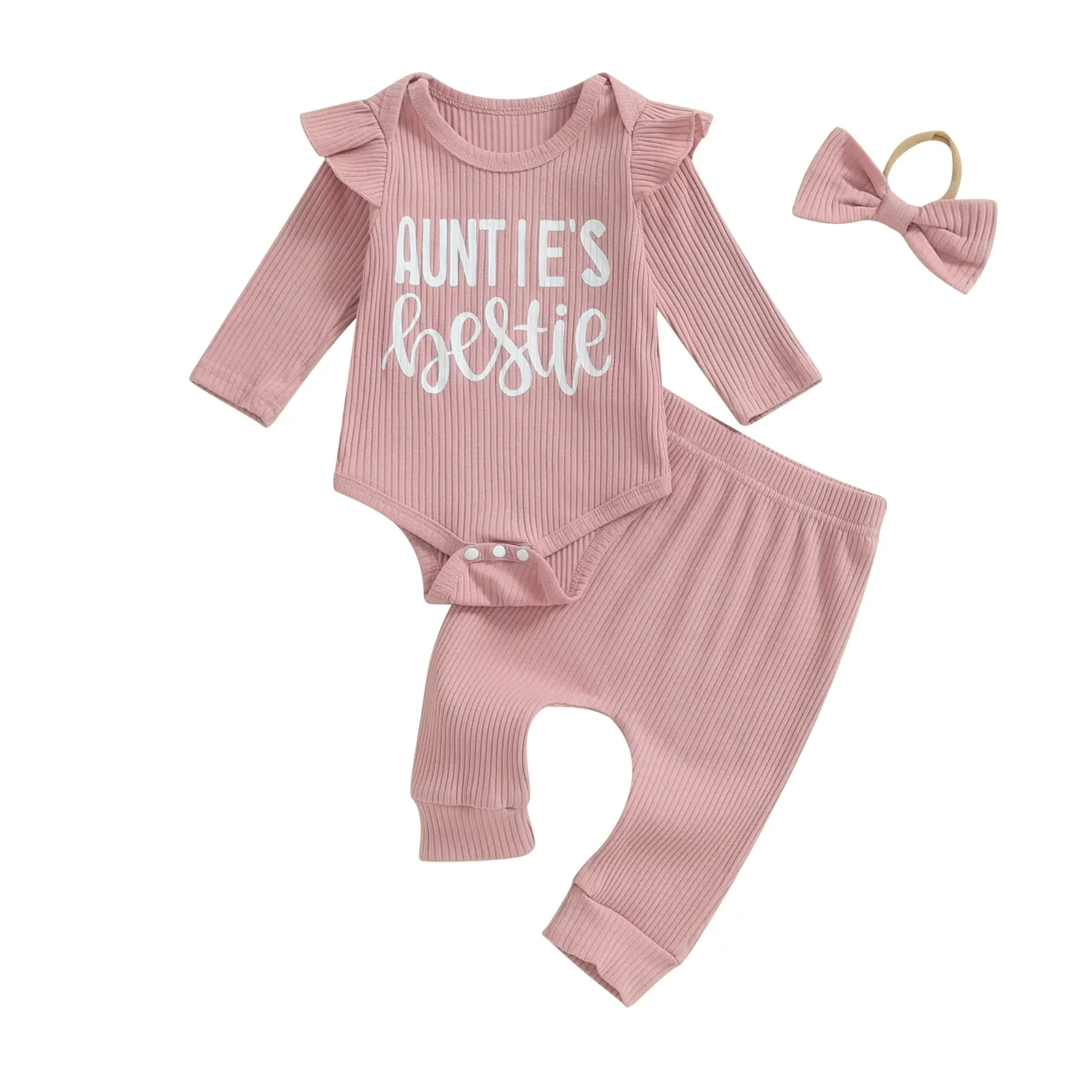 Auntie Baby Clothes Girl Fall Winter Ribbed Knit Outfit Infant Long Sleeve Romper Bodysuit Bow Pants Headband Set