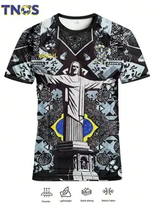 Men's Brazil Monochrome Christ the Redeemer Soccer Jersey, Intricate Pattern Print, Short Sleeve Football Shirt, Artistic Fan Apparel