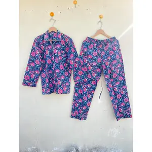 Trendy Indian Handmade Cotton Pajama Set | Hand Block Print Jaipuri Loungewear | Women's Night Suit Gift for Her