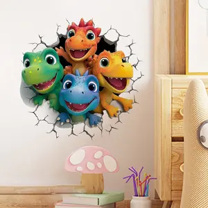 Cute Dinosaur Wall Stickers, Colorful 4 Adorable Dinosaurs Looking Through Walls, Home Decor for Living Room Bedroom Dining Room Study, Wall Art Stickers