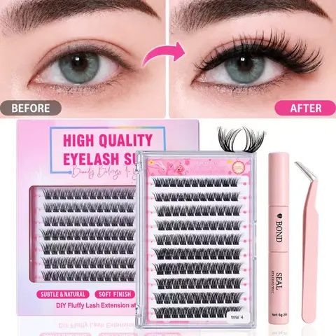 DIY Reusable Lash Clusters Kit, 144-Pcs 8-16mm Mixed Lengths False Eyelashes with Applicator, Glue & Tweezers for Longer Looking, Layered Fluffy Clusters Lashes (Makeup Beauty Tool)