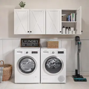 Modern Storage Cupboard - Farmhouse Look Wall-Mounted Organizer, Upper Kitchen/Laundry Cabinet with Multiple Door Sizes, X-Panel, Sliding Doors, Adjustable Shelves, Space-Saving Furniture