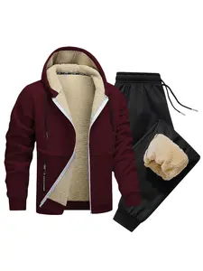 Men's Solid Thermal Lined Zip Up Hoodie & Drawstring Waist Sweatpants Set, Casual Regular Fit Long Sleeve Hooded Sweatshirt & Pocket Jogger Pants, Men's Two-piece Outfits for Fall & Winter, Sweatsuit Set