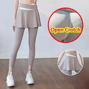 Woman Open Crotch Leggings with Fake Skirt Hidden Zippers Crotchless Panties Elastic Skinny Sport Girl Open Seats Pants Gifts leggings gym outfits workout sets sun protection Breathable Athletic Bottoms High Waist Stretchy