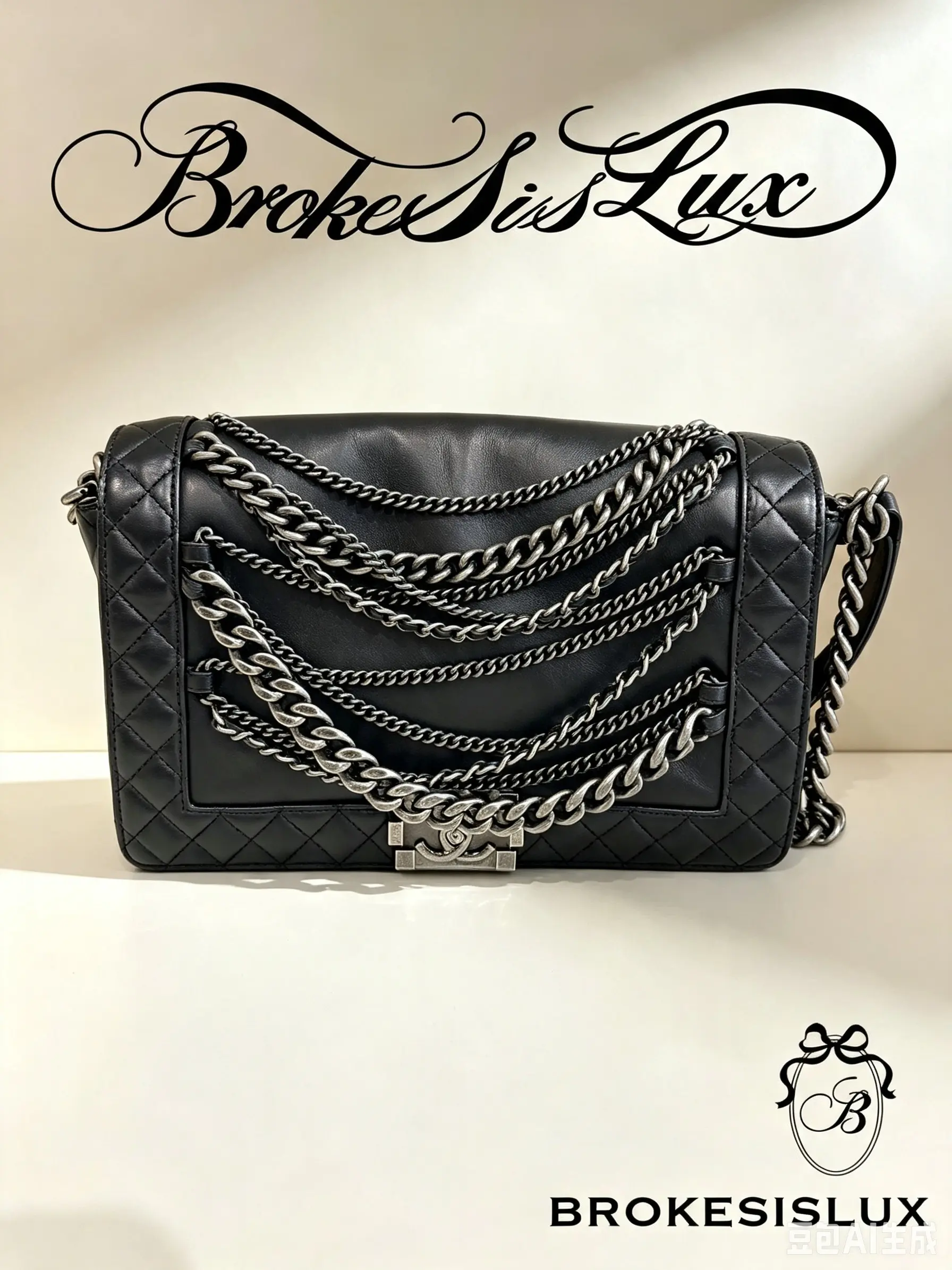 Pre-owned CHANEL Medium Boy Flap Bag, Black Quilted Calfskin with Multi Tone Metal Chain Straps