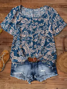 Elegant Casual Women's Plus Size Shirt, Floral Leaf Print Round Neck Flounce Sleeve Short Sleeve Blouse, Loose-Fitting Summer Top Aesthetic