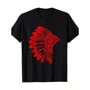 1 Piece Men's 100% Cotton Indian Chief Tribe Pride T-Shirt - Feather Headdress. Classic Fit, Short Sleeve - Black, Fashion Pattern T-Shirt, Printed T-Shirt, High-Quality Feel Cotton T-Shirt, Fine Print T-Shirt Classic Cotton Tee Graphic Tees Fun Shirts