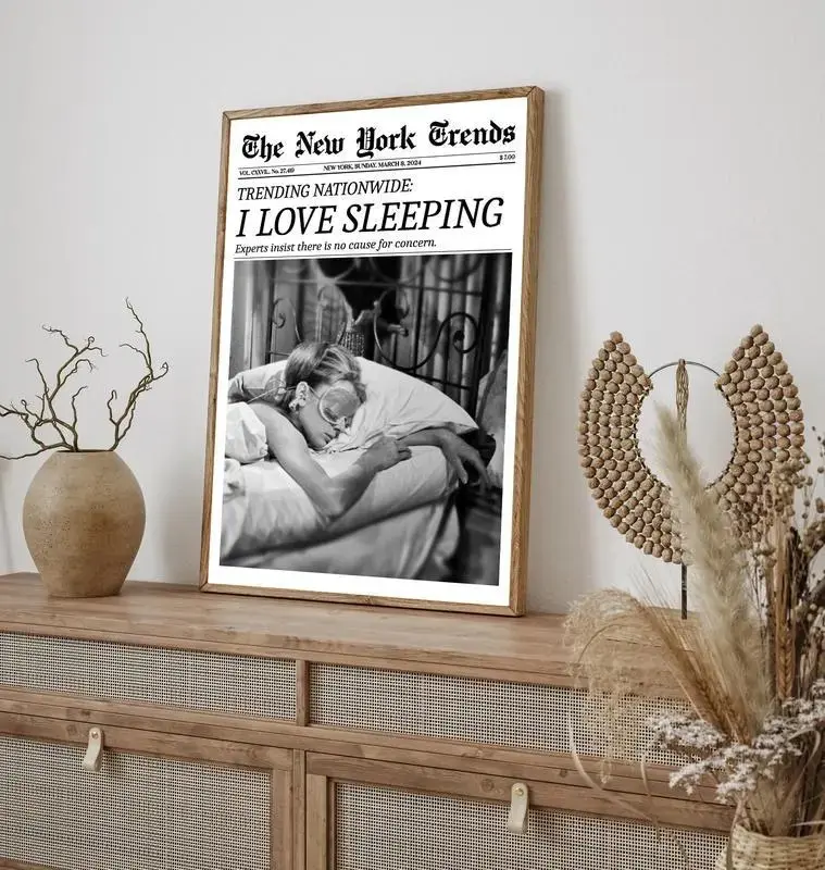 Cozy Sleep Lover Poster - Funny 'I Love Sleeping' Bedroom Wall Art, Newspaper Design Decor,  Artistic Ornaments Decoration Print