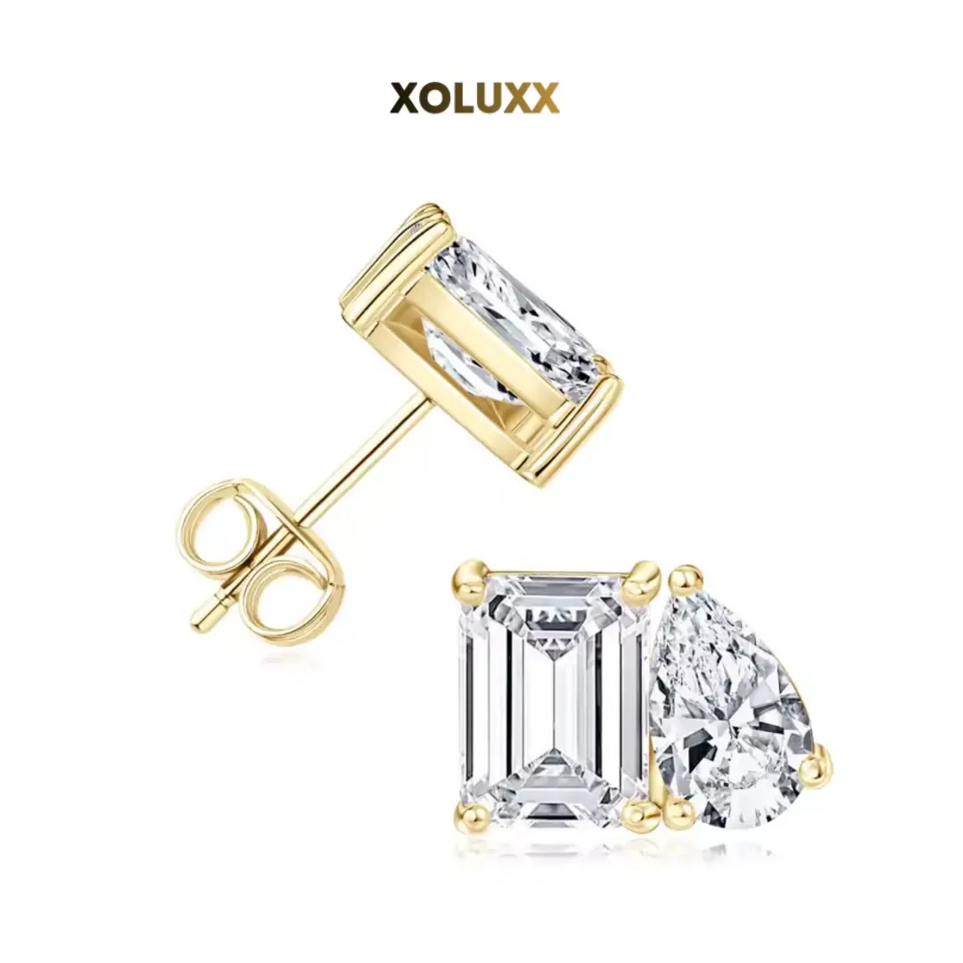 XOLUXX Toi et Moi Pear and Emerald Cut Studs 14K Gold Plated