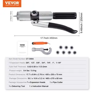 VEVOR Hydraulic Tube Expander, 3/8 to 1-1/8 OD, HAVC Hydraulic Swaging Tool with 7 Pipe Expander Heads, Deburring Tool, Pipe Cutter for Copper Aluminum Brass Soft Steel Pipes