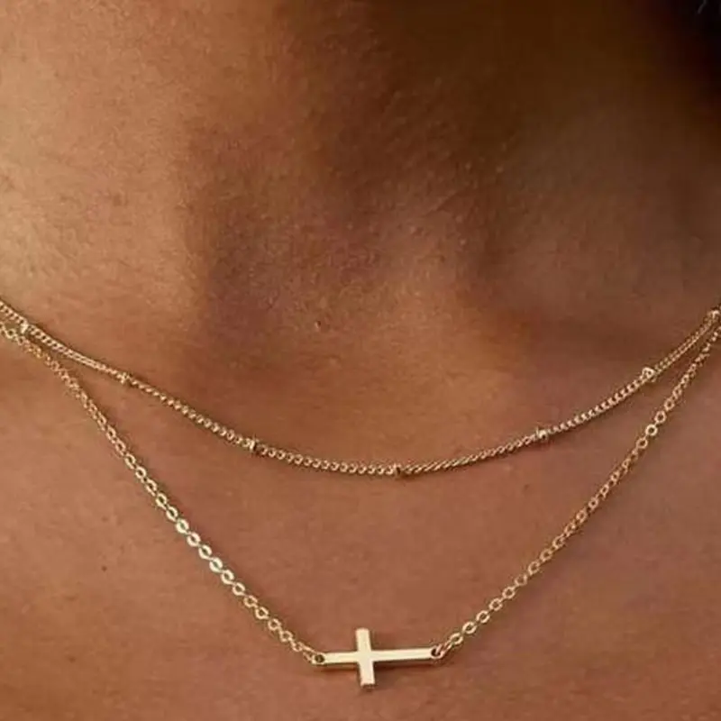 Women's Elegant Minimalist Layered Chain Necklace, Trendy Cross Charm Layered Necklace, Chic Gorgeous Jewelry As Birthday Gift for Girlfriend, Dainty Cross Necklace, Dainty Necklaces, Alloy Necklace