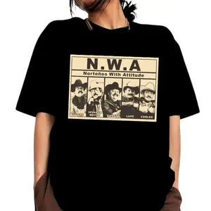 Men's Fitted Short-Sleeve Cotton T-Shirt - N.W.A Norteños With Attitude Chicano Streetwear Digital Print Parody Garment, Domestic Vintage Latino Lowrider Vibe Casual Menswear Top (Cotton Fabric)