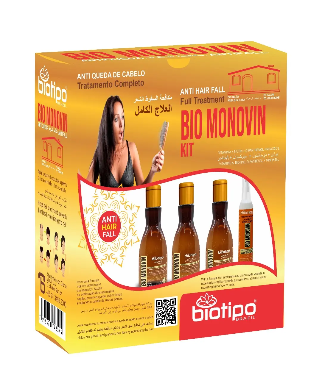 Biotipo Brazil BIO MONOVIN Hair Growth Kit - Adult Males' 4-Step 4-Piece 660ml System with Cleansing Shampoo, Cleanser, Conditioner, Mask, Vitamin A, Biotin, Dexpanthenol for Nourishing, Fuller, Stronger Hair, Adults, Bottle, 4-Step Treatment System, Set,