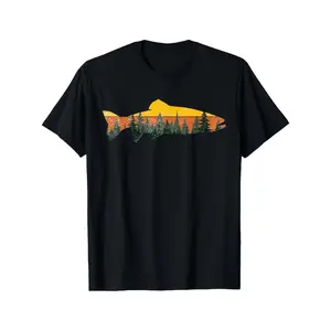 Men's fly fishing and outdoor nature Graphic T-Shirt - Short Sleeve Crew Neck Regular Fit Casual Wear | Soft & Breathable Fabric, Durable Print, Everyday Comfort, Machine Washable, nature-inspired graphic design with a silhouette of a trout filled with a