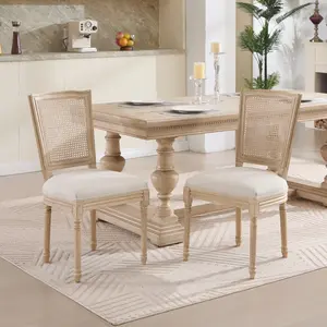 French Country Dining Chairs Set of 2, Upholstered Chairs with Nature Rattan T-shaped Back, Wire drawing and carving techniques ,Disassemblable , for Living Room, Kitchen , Restaurant Use, BeigeSturdy and Durable ​