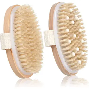 2 Pack Dry Brushing Body Brush, Natural Bristle Exfoliating Brush with Massage Nodes, for Lymphatic Drainage and Improving Skin Health and Reduces Acne
