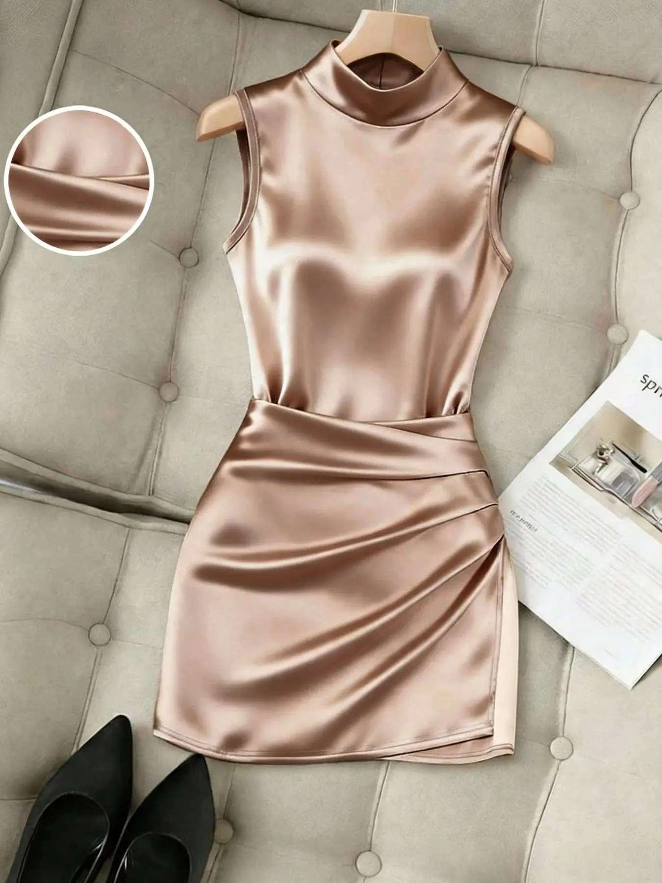 Women's Half High Neck Slim Fit Mini Dress, Split Sleeveless Evening Gown, Elegant Chic Party Wear Style, Perfect for Special Occasions, Fitted Elegant Dress