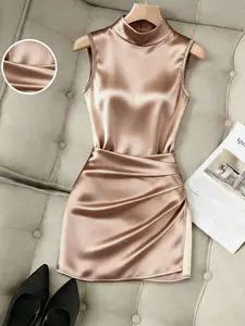 Women's Half High Neck Slim Fit Mini Dress, Split Sleeveless Evening Gown, Elegant Chic Party Wear Style, Perfect for Special Occasions