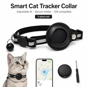Smart Cat Tracker Collar Set, iOS-Compatible Locator with Adjustable Reflective Collar, Secure Holder, Bell & Installation Tool