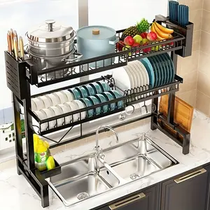 （Ship from USA）Over The Sink Dish Drainer Drying Rack, Adjustable  3 Tier Large Dish Racks for Kitchen Storage Counter Organizer,Full 304 Stainless Steel Shelf