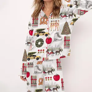 SHESHOW - Christmas In New York Satin Pajama Set For Women Print Comfy Satin Sleepwear & Loungewear Pjs Printing Silky Top & Bottoms