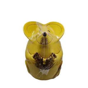 Vintage Cookie Jar with Mouse Holding Cookie - Yellow Design, Clear Glass Body, Ideal for Collecting - Bottles