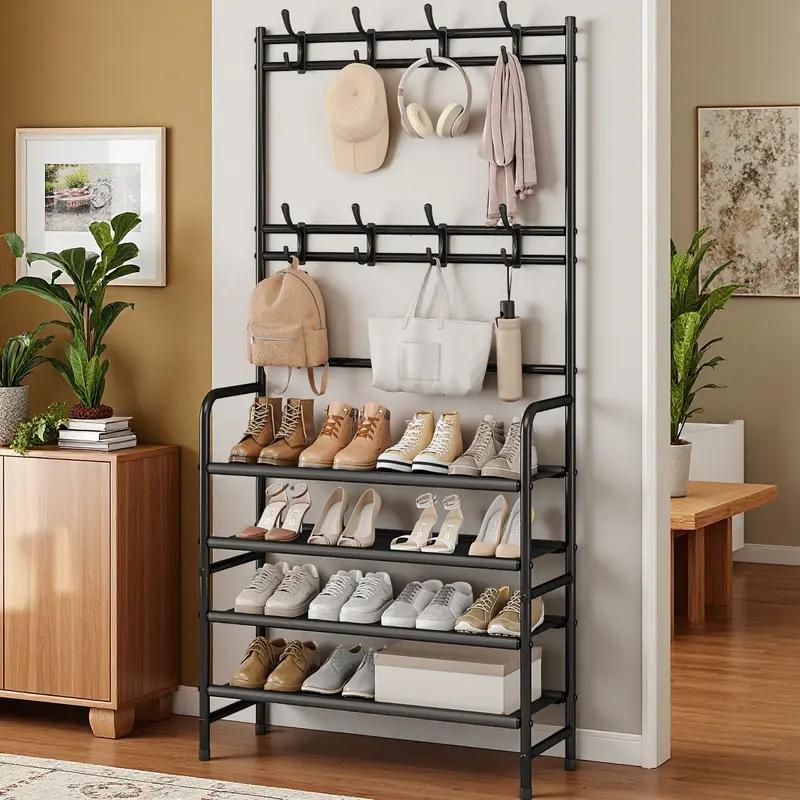 SUOERNUO Metal 4-Tier Shoe Rack Organizer - Stable Steel Frame Furniture with 8 Hooks, Shelf, Non-Slip Design, Tool-Free Assembly Required, Practical Combo for Entryways, Bedrooms (Holds 20 Pairs, Shoe Storage System, Modern Home Decor, Modern Furniture)
