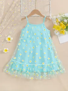 Girls' Fashion Light Blue Mesh Dress, Floral Dress, Daisy Lace Strapless Skirt, Fresh Summer Clothing for Kids, Ages 1-8, Cute