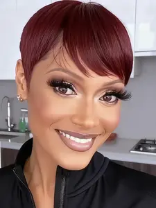 Short Pixie Cut Wig 99j Rose with Bangs, Straight Wigs for Daily Use, Curly Style, Short Wigs for Women, Pre Cut Wigs