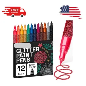 12 Glitter Paint Pens for Glass Marking, Rock Painting, Fine Tip 0.7mm