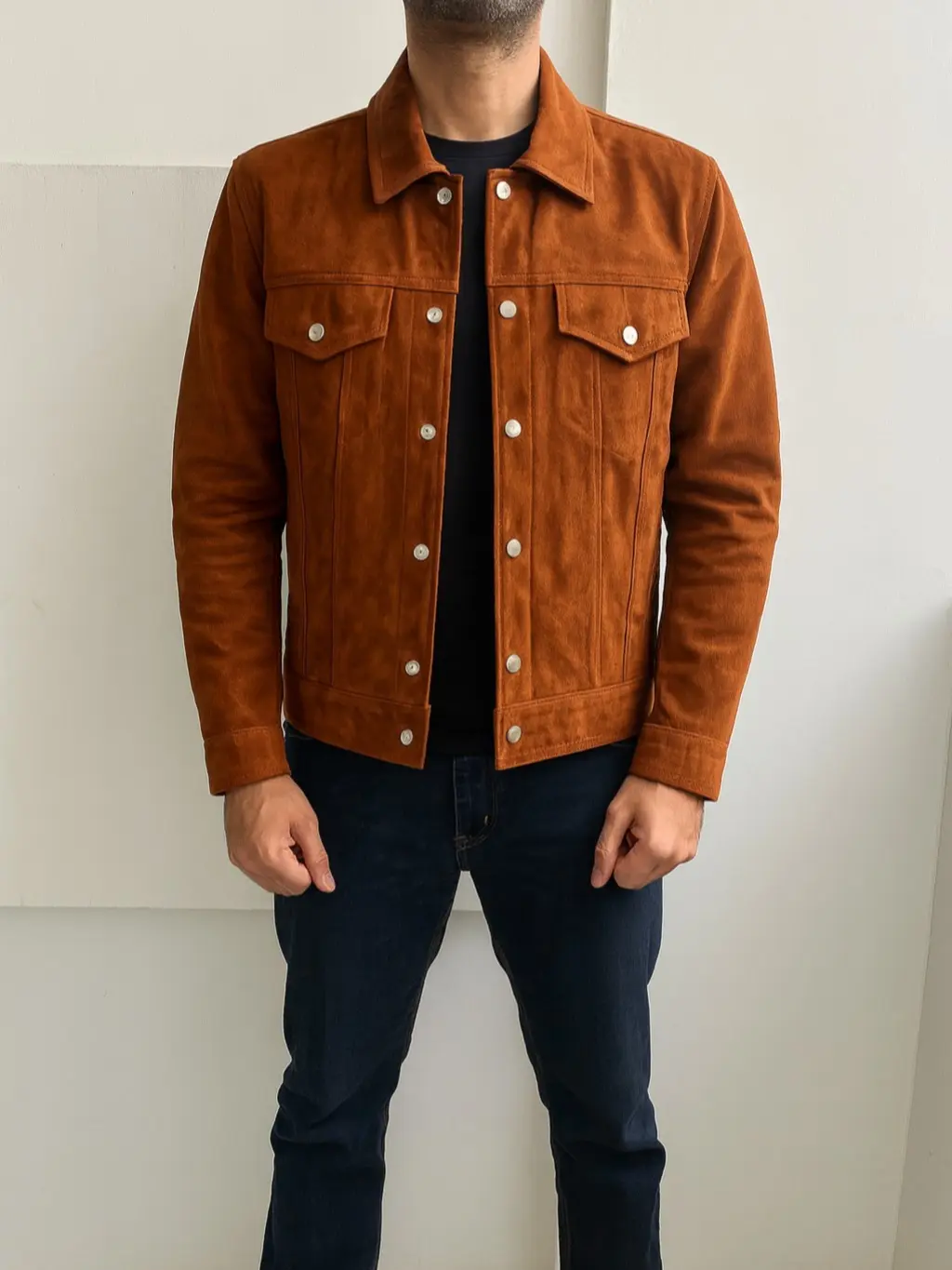 Men's Classic Western Semi Formal Brown Trucker Real Suede Leather Jacket