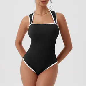 OQQ Women's Bodysuits Sexy Ribbed Strappy Square Neck Sleeveless Tummy Control Tank Tops Bodysuits Soft Stretchy