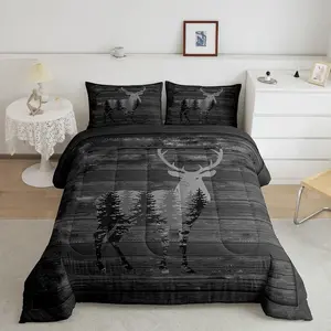 Rustic Deer Comforter Set,Farmhouse Deer Hunting Comforter,Antlers Bedding Set,Breathable Western Farmhouse Grey Duvet Set