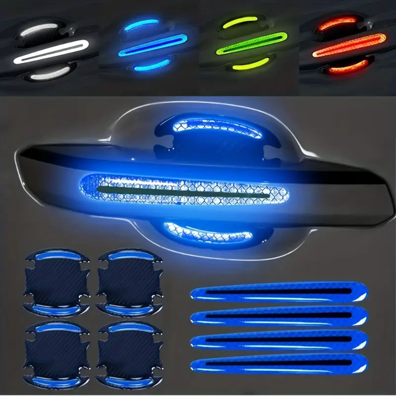 8pcs Reflective Safety Car Door Handle Protectors - Anti-Scratch ABS+Carbon Fiber Vehicle Stickers, Strong Adhesion Door Cup Protectors, Easy-Install Accessories for Car