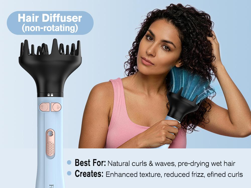 Farery Rotating Hot Air Brush Set 1000W — 4 in 1 Blow Dryer Brush Styler with Diffuser, Hold-to-Rotate Round Brush for Volume, Smooth & Curl