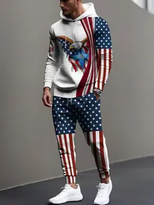 Men's Fashion Casual Eagle Print Hoodie and Pants Set, Comfortable Long Sleeve Fitted Sporty, Fall & Winter Wear