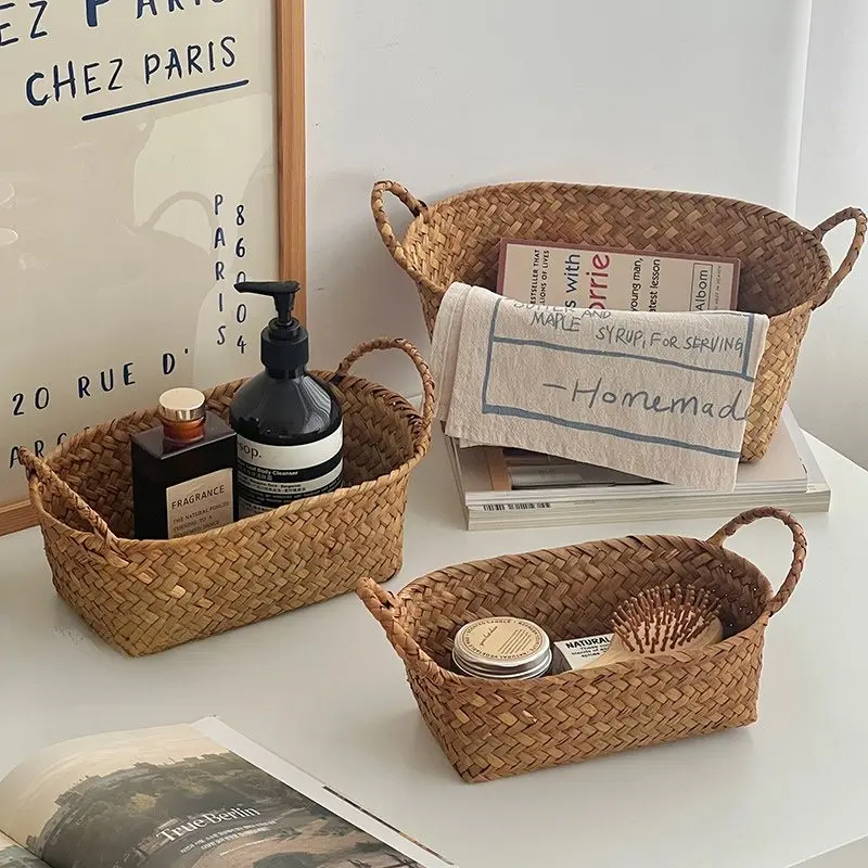 Vintage Woven Storage Basket, Home Living Room Desktop Organizer, Multi-Functional Cosmetic Holder, Durable & Versatile Design, Decor, Compact, Everyday Baskets, Decorative Storage Basket