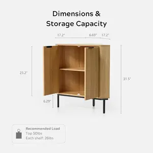 Fluted Corner Cabinet, Modern Small Corner Floor Cabinet with 2 Doors and 2-Tier Shelves, Freestanding Narrow Organizer for Living Room Kitchen Bathroom, Natural Oak