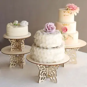 Set of 4 Wooden Cake Stands 10", 12", 14", 16" Butterfly Round Design Natural - Stackable Rustic Cupcake Holder Centerpiece