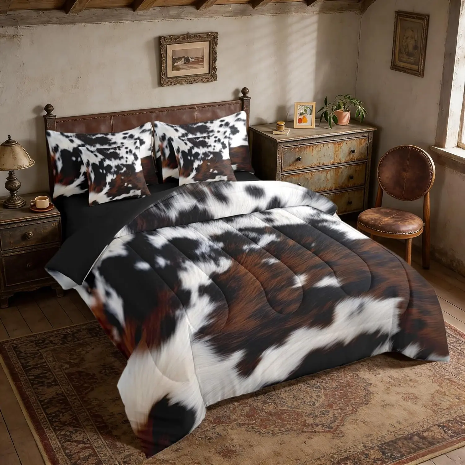 Brown Cowhide Bedding Set 7 Piece Black White Aztec Cow Print Bed in A Bag with Sheets Western Farmhouse Animal Fur Comforter Set Adults,Rustic Cowboy Bed Sets