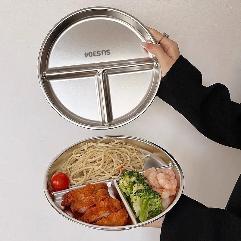 【4 Pack】304 Stainless Steel Plates, 4 Pack 304 Stainless Steel Divided Plates Stainless Steel Plate Portion Control Plates, Plates With Dividers Metal Plates For Camping, Picnic, Home,9"X 9"