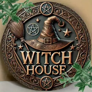 Vintage Aluminum Witch House Plaque 19.99x19.99cm 2D Round Wall Decor for Home Bathroom Bedroom Garden Wedding
