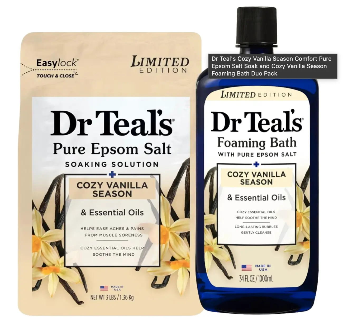 Dr Teal’s Cozy Vanilla Season Foaming Bath 34oz + Epsom Salt Soak 3lb Bundle – Magnesium Bath, Essential Oils