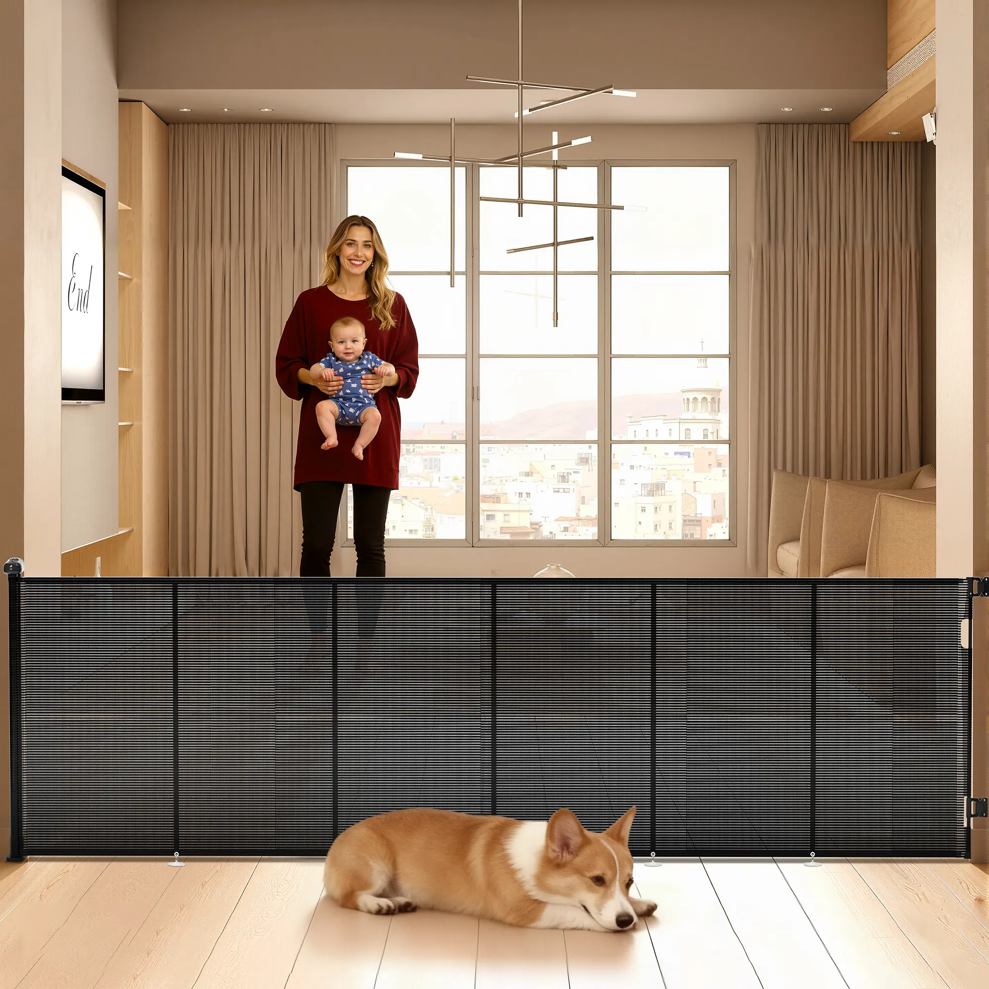 48" Tall X 150" Wide Mesh Dog Gate Indoor, Retractable Baby Gate for Stairs, Child Gate for Doorways, Hallways, Deck, Indoor Outdoor Pet Baby Safety Essentials for Home, Black/White/Gray, (Drill Needed)