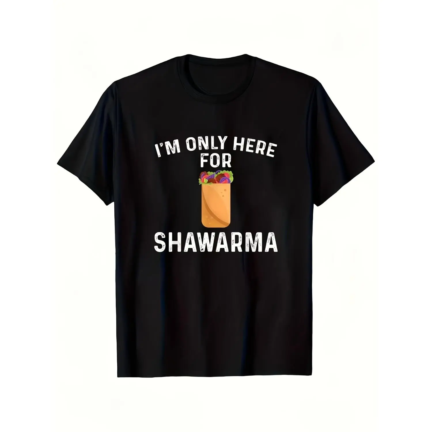 Men's "I'm Only Here for Shawarma" Graphic T-Shirt - Humorous Middle Eastern Food Lover Tee with Colorful Geometric Print, Soft Stretch Fabric, Regular Fit Casual Shirt, Machine Washable, Street Food Apparel, Humorous Design, Comfortable Fit