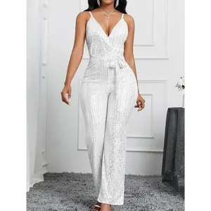 Women's Contrast Sequin Tie Front Jumpsuit, Elegant Deep V Neck Jumpsuit for Party Club Dating Wear, Ladies Clothes for All Seasons