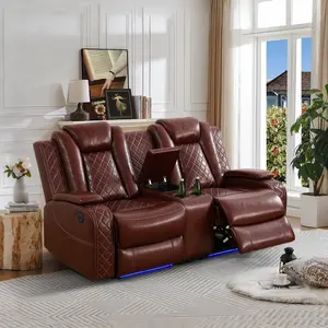 Red Breathing Leather Living Room Sectional Recliner Loveseat with LED Lighting Storage Console and Quilted Design
