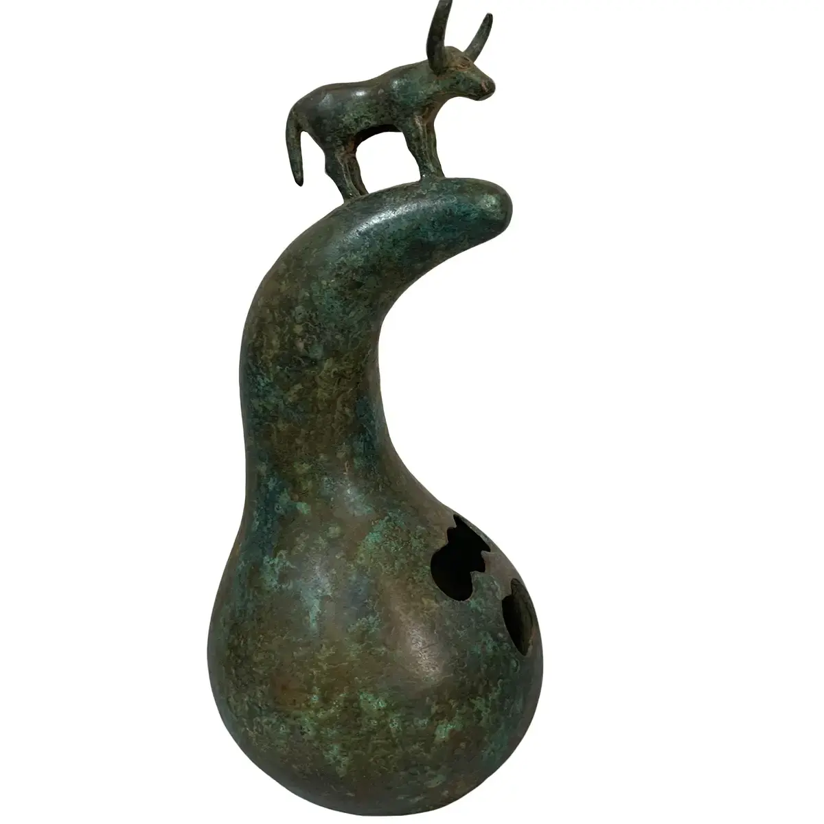 Original Bull On Gourd Bronze Sculpture, Oriental Incense Burner Table Decor OrnamentPremium Original Oriental Totem Bronze Sculpture, Natural Aged Patina Collectible Incense Holder for Study & Wine Cellar