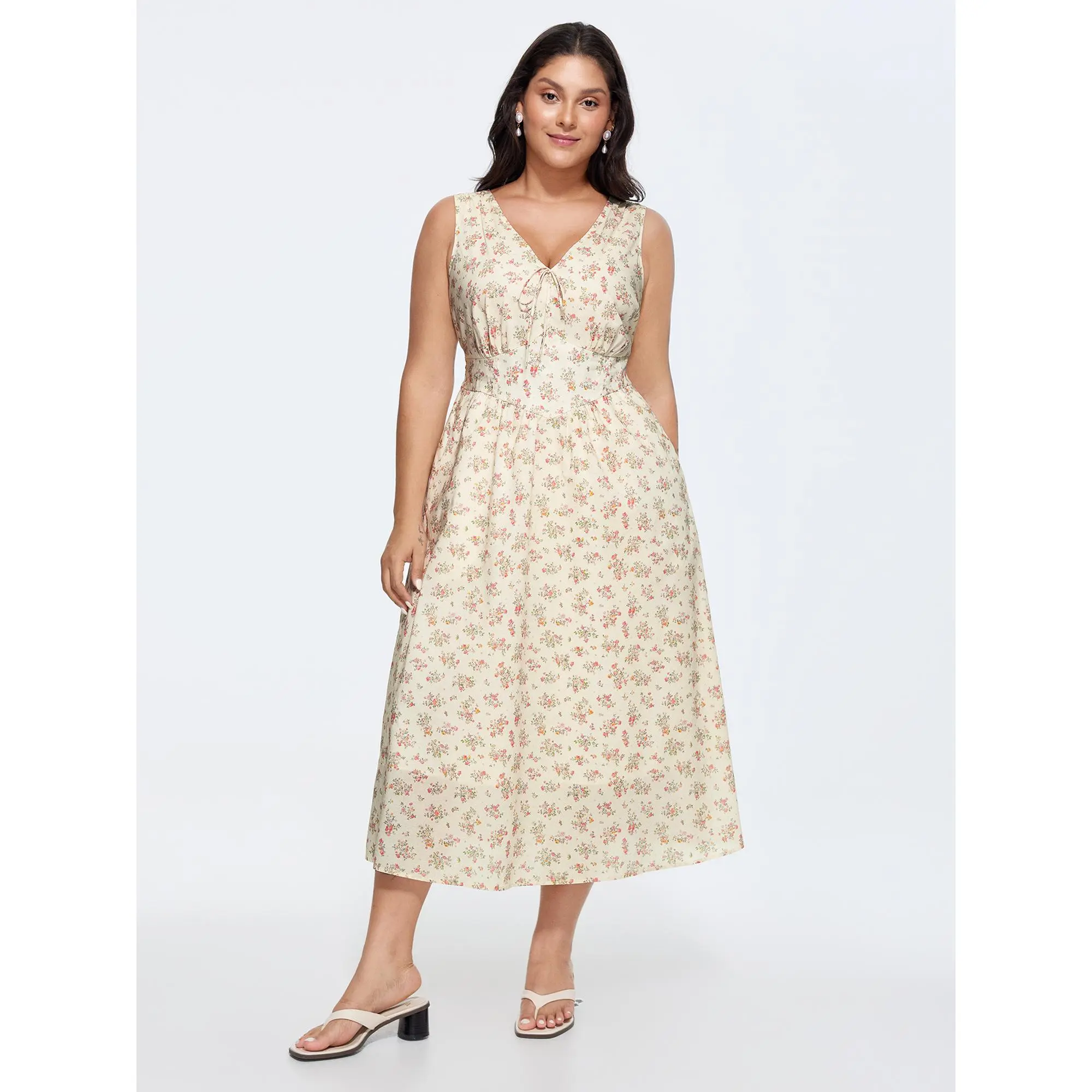 Women's Romantic Ditsy Floral Cotton Maxi Dress, Sleeveless Smocked Bodice with Pockets, Smooth Casual Summer Sundress, Dress Casual, Cold Wash, Pull-On, Lady, Cool Iron, Casual Wear