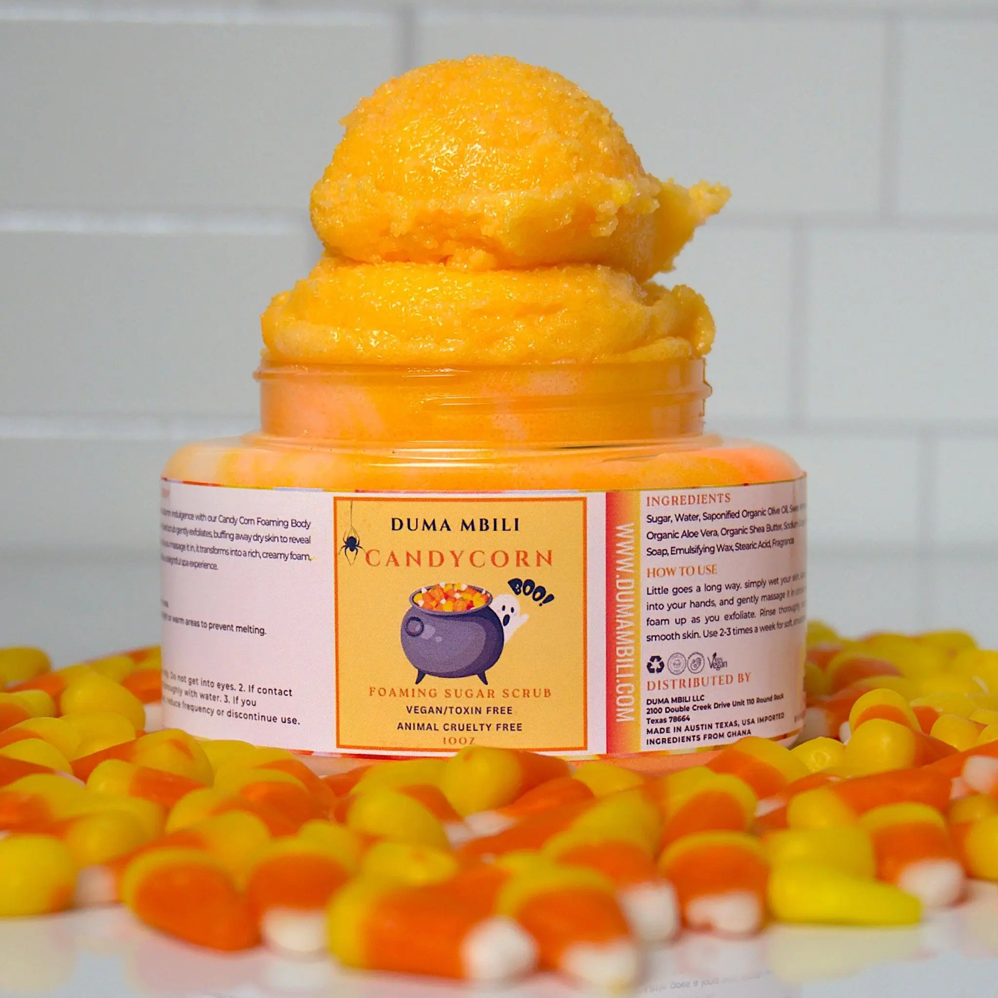 Candy Corn Foaming Sugar Scrub Exfoliator, Moisturizing Organic Body Scrub with Saponified Organic Olive Oil, Exfoliating Single Item for Bath & Body Care